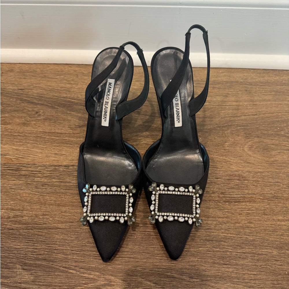 Manolo Blahnik Black Satin Heels with Embellishments